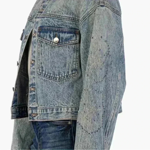 KUT from the Kloth Dolly Rhinestone Crop Denim Jacket in Fanciful Sz Medium NWT - Picture 3 of 11